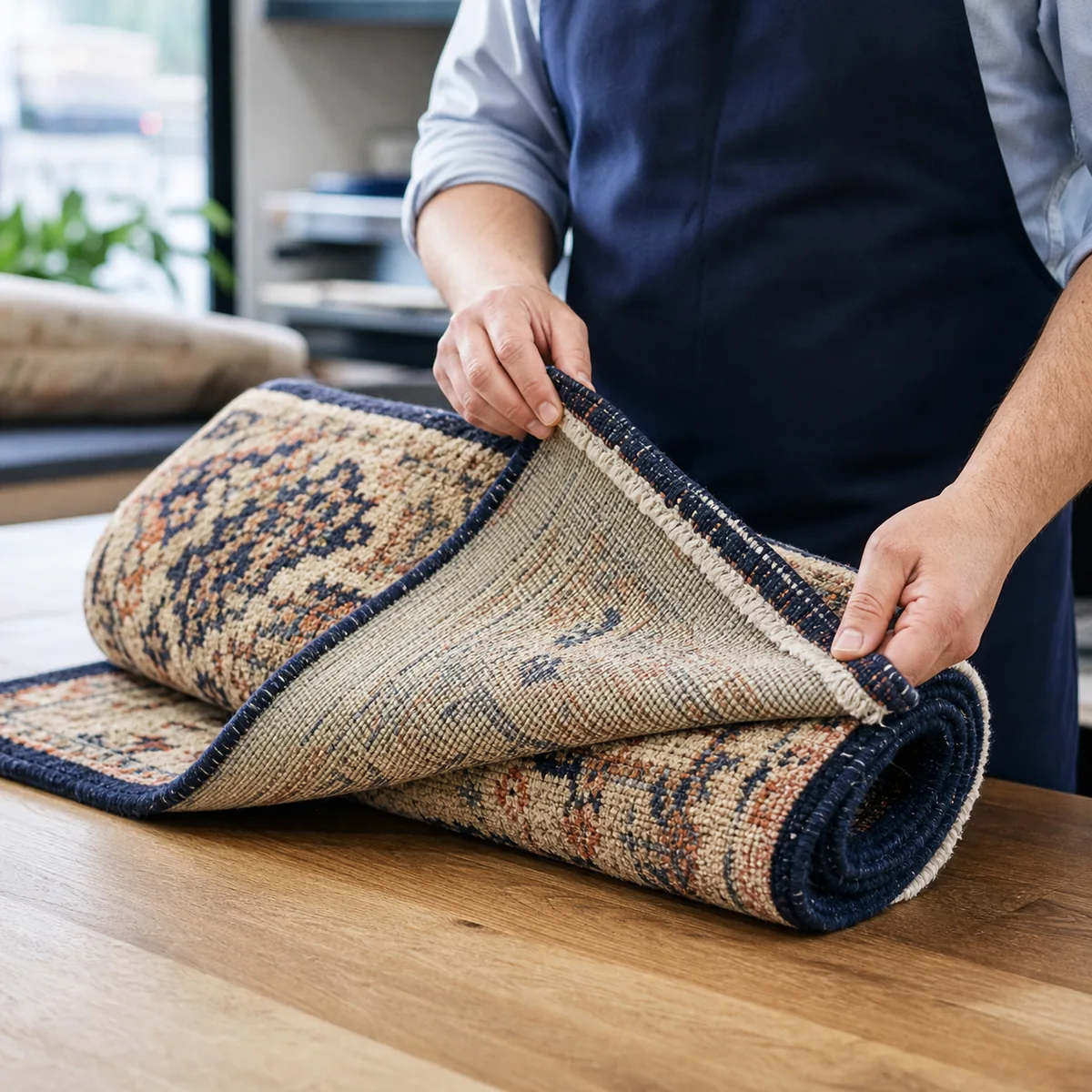 Specialist inspecting a small area rug