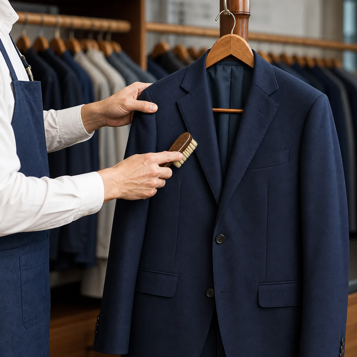Specialist inspecting a freshly pressed navy suit