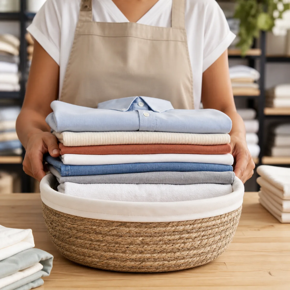 Neatly folded wash-and-fold laundry at the counter