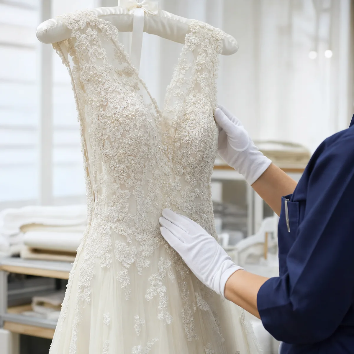 Specialist inspecting lace on a wedding dress